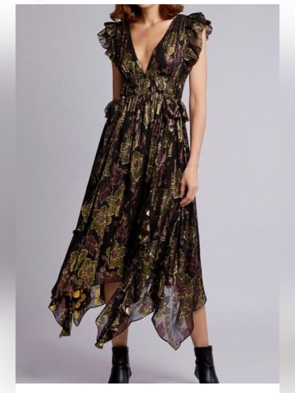 Ulla Johnson Nerissa Dress
Black Floral High-Low Ruffle Midi Dress - Picture 1 of 13